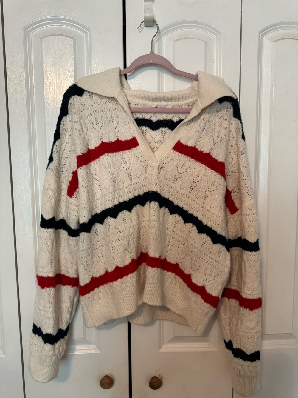 THML Cream V-Neck Sweater with Red and Navy Stripes